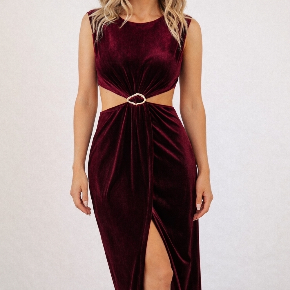 NWT~B.RIGHT~D.ARK~Cutout Dress~Dark Crushed Red Velvet~Midi Front Slit~Small